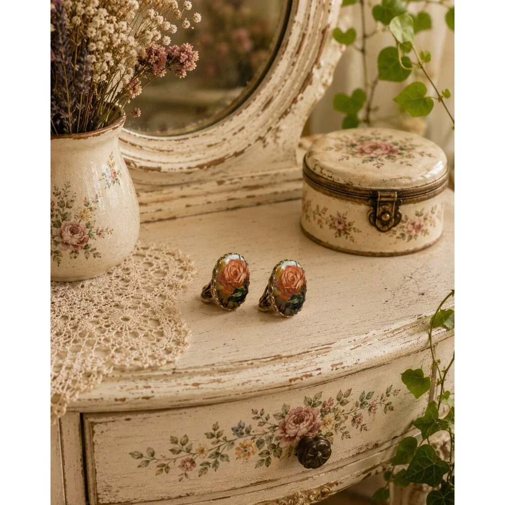 Vintage Pink Rose Floral Oval Clip On Earrings, Cottagecore, Victorian Jewelry